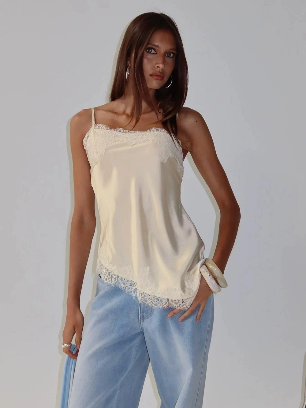Zara Cream Satin Lace Trim Camisole Adjustable Thin Straps Summer